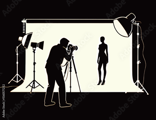 Silhouette of a photographer capturing a model on a well-lit studio backdrop.