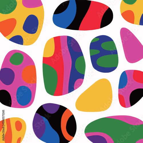 Colorful abstract shapes in vibrant hues creating a playful, lively pattern.