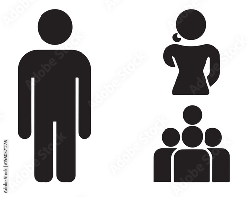 A simple graphic featuring three black silhouette icons: a generic male figure, a female figure from the waist up, and a group of people, all on a white background.