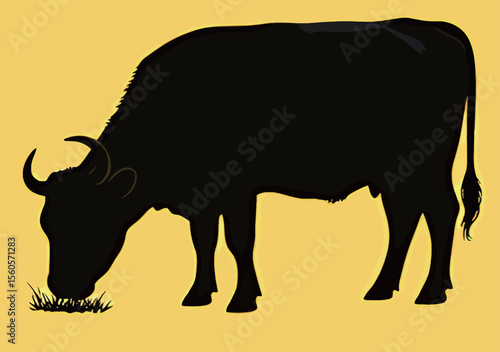 Silhouette of a black cow grazing against a vibrant yellow background.