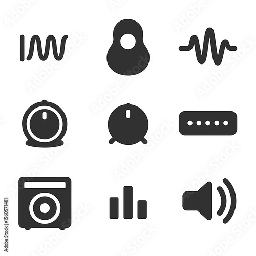 Guitar Sound Icons. Solid, filled icon set of guitar sound elements: string vibration, resonance, sound wave, volume knob, tone
