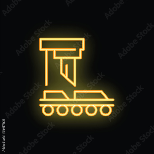 Bright yellow neon guillotine glowing on black background, concept for execution, revolution or french history