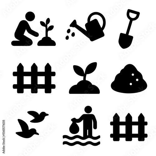 Habitat Restoration Icons. Solid, filled icon set of habitat restoration: planting tree, watering can, shovel, fence, seedling,