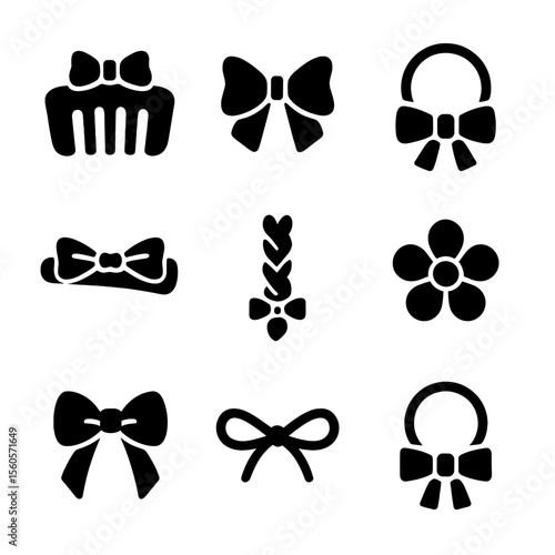 Hair Accessory Icons. Solid, filled icon set of bow hair accessories: hair clip, fabric bow, elastic band, barrette, braid tie,