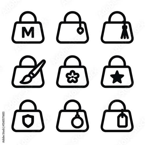 Handbag Customization Icons. Solid, filled icon set of handbag customization: monogram, charm, tassel, paint brush, embroidery,