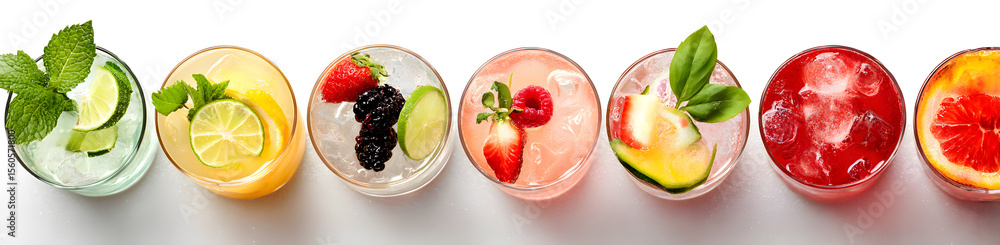 Set of different delicious cocktails on white background, top view Set of different delicious cocktails on white background, top view