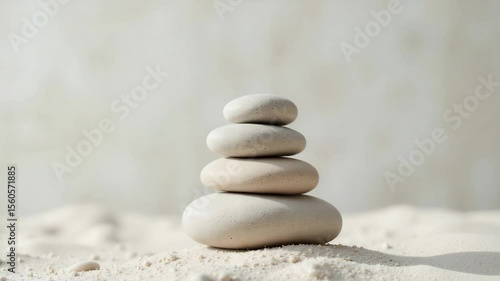 Stacked smooth stones on sand against a light background  