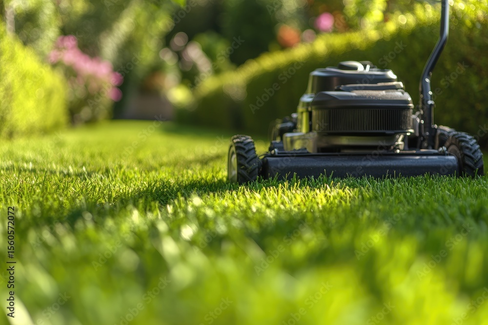 Fototapeta premium A black lawnmower cuts a vibrant green lawn. Blurred background showcases a garden setting