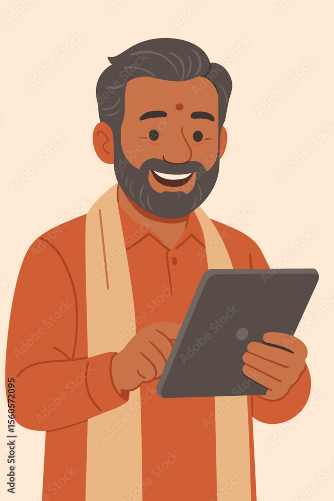 Happy senior Indian man in traditional clothes using a digital tablet. Concept for technology adoption, digital literacy, e-learning for the elderly. Modern flat vector illustration. Happy senior Indian man in traditional clothes using a digital tablet. Concept for technology adoption, digital literacy, e-learning for the elderly. Modern flat vector illustration.