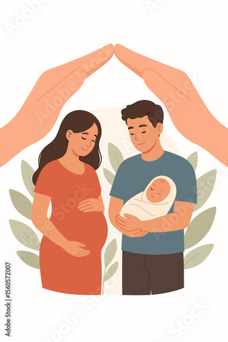 Family Insurance Protection Concept. Young Pregnant Woman and Partner Expecting Baby. Parenthood, Maternity Care, Newborn Safety, Parental Support, Happy Couple with Infant, Vector Illustration