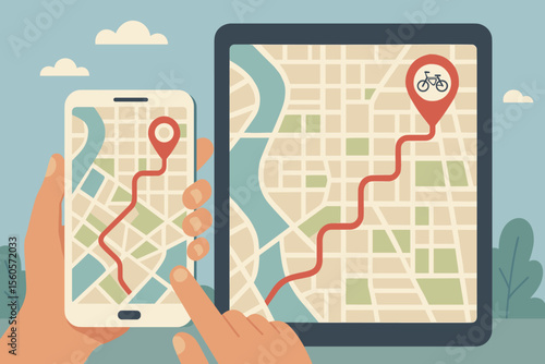 Hand holding smartphone planning a bike route with GPS navigation app. City map on phone and tablet screen showing location pin, path and destination for bicycle sharing or tour.
