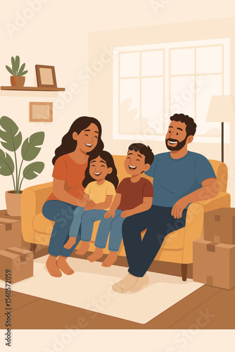 Happy Hispanic family relaxing on a sofa in their new house. Parents with a son and daughter resting on the couch after relocation. Moving day, real estate, and mortgage concept.
