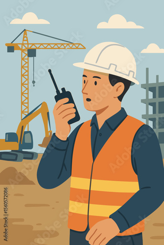 Construction worker or foreman communicating on a walkie-talkie at a building site. Male engineer in hard hat and safety vest managing the project. Industrial concept. Vector illustration.