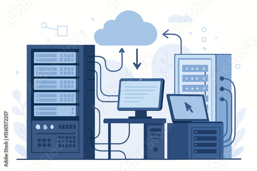 Cloud computing technology concept. Server room with network racks, database hardware and workstation. IT administration, data storage, hosting, and file transfer vector illustration.