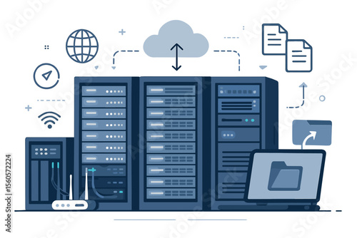 Server room datacenter vector illustration. Cloud computing concept with network racks for data storage, web hosting, and backup. Information technology telecommunication graphic.