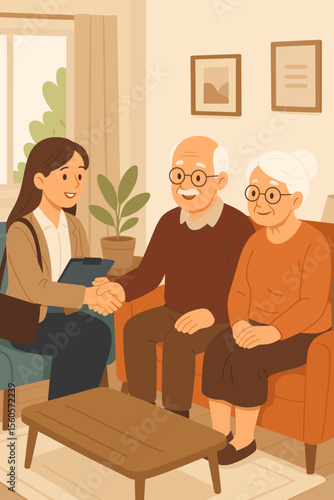 Social worker or caregiver visiting an elderly couple at home. Consultant shaking hands with a senior man for healthcare support or retirement planning. Home care assistance concept vector.