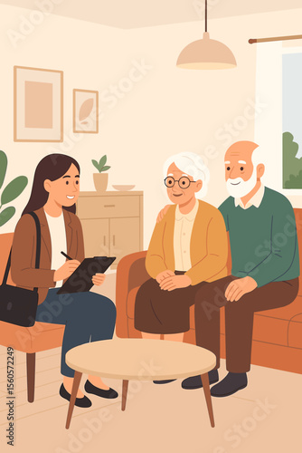 Social worker visiting a senior couple at home. Female caregiver providing support and consultation to an elderly man and woman. Geriatric care and healthcare assistance concept. Vector.