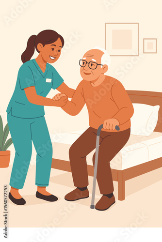 Elderly care vector illustration. Female caregiver helping senior man with walking cane to get up from bed. Nurse assisting patient in nursing home. Home care and support concept.