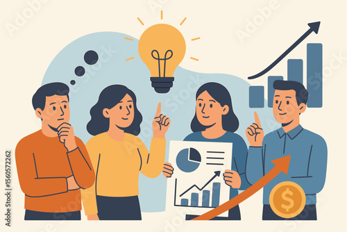 Teamwork concept with business people brainstorming an idea for financial growth. Colleagues analyzing data on a chart. Modern flat cartoon vector illustration of success and strategy.