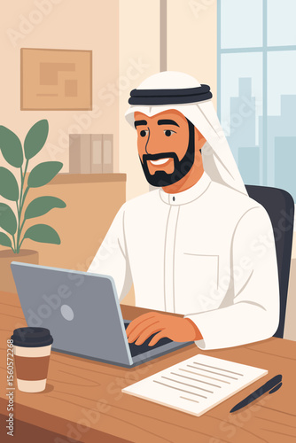 Happy Middle Eastern man wearing a thobe and keffiyeh sits at his desk using a computer. Professional Saudi or Emirati entrepreneur concept. Flat vector cartoon illustration.