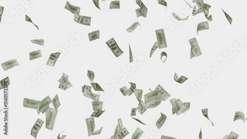 money rain animation, dollars bills falling down white screen background. Money falling and flying in the air. 3d render with alpha channel.
