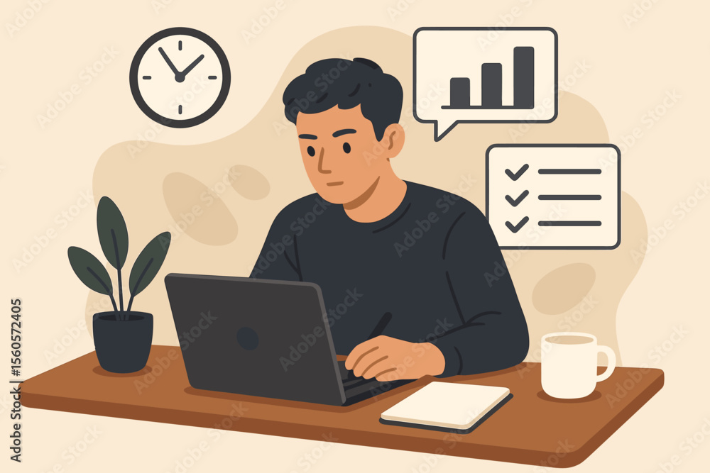 Young man working on a laptop at a desk in an office or home. Freelancer or employee focused on a task. Concept of productivity, project management, data analysis, and deadlines. Young man working on a laptop at a desk in an office or home. Freelancer or employee focused on a task. Concept of productivity, project management, data analysis, and deadlines.