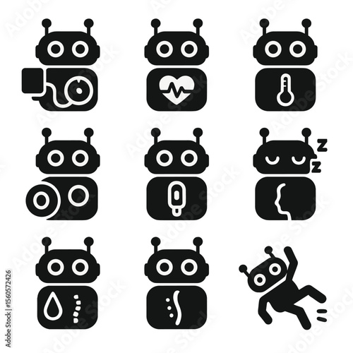 Health Monitoring Robots Icons. Solid, filled icon set of health monitoring robots: blood pressure monitor, heart rate sensor,