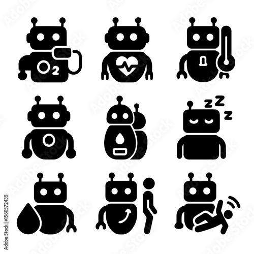 Health Monitoring Robots Icons. Solid, filled icon set of health monitoring robots: blood pressure monitor, heart rate sensor,