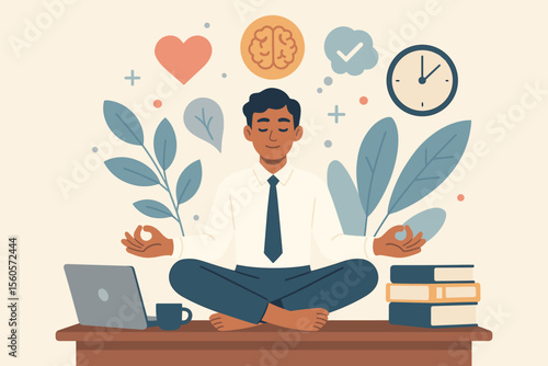 Office worker meditating at desk, mindfulness break for stress relief, mental health, productivity, emotional balance, work-life harmony, healthy lifestyle, time management, modern business concept