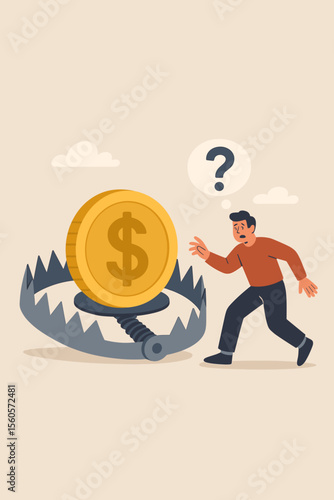 Financial Trap Metaphor Vector, Money Trap, Risk of Easy Money, Financial Illiteracy, Caution in Investment, Danger of Quick Profit, Bear Trap, Business Risk, Economic Fraud, Flat Illustration
