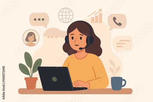 Remote work online assistant woman with headset at laptop, virtual customer support, telecommuting manager, digital communication, home office workspace, modern flat vector illustration