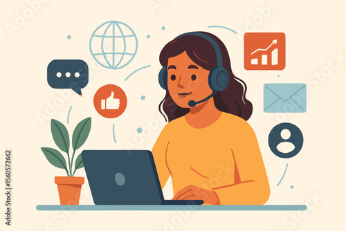 Remote work online assistant woman with headphones using laptop, digital communication, customer support, social media management, remote job, virtual teamwork, modern business concept illustration