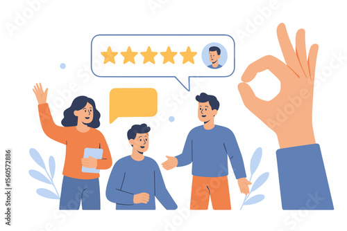 Customer feedback concept. Five star rating, best performance, positive review, client satisfaction, people leaving comments, successful teamwork, OK hand gesture, communication, white background