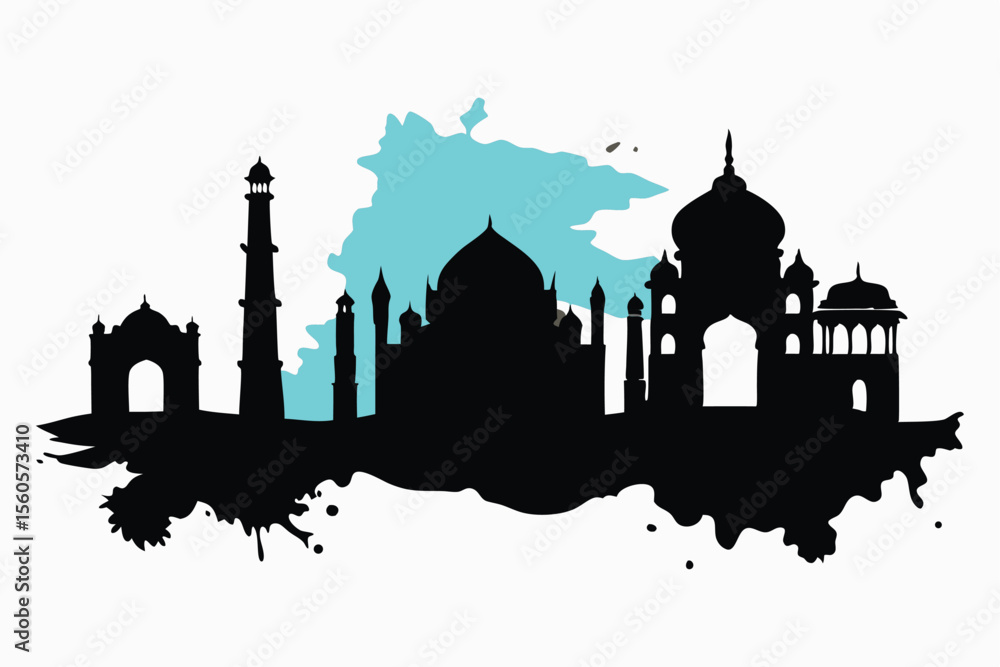 Fototapeta premium Abstract Landmark Art Vector – Bold Brush Stroke Taj Mahal & Ink-Wash Great Wall Design.