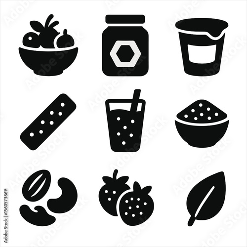 Healthy Dessert Icons. Solid, filled icon set of healthy dessert options: fruit bowl, honey jar, yogurt cup, granola bar, smoothie