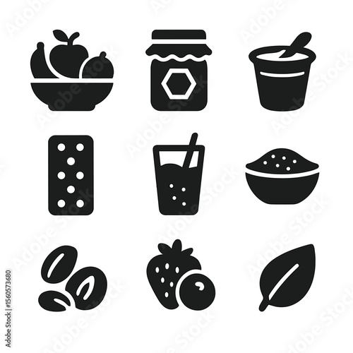 Healthy Dessert Icons. Solid, filled icon set of healthy dessert options: fruit bowl, honey jar, yogurt cup, granola bar, smoothie