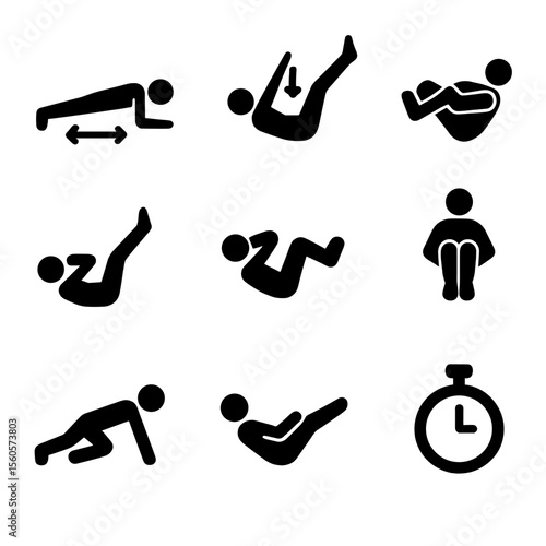 HIIT Ab Exercise Icons. Solid, filled icon set of HIIT ab exercises: plank jacks, toe touches, reverse crunch, leg raise pulses,