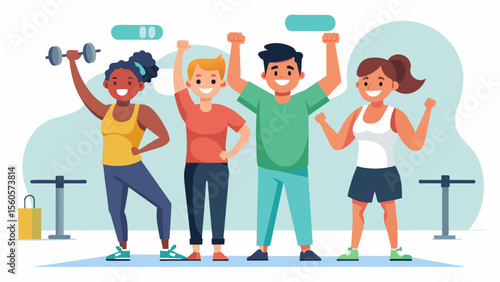 A group of friends gather in a gym cheering each other on as their struggling friend slowly builds his confidence and endurance.. Vector illustration
