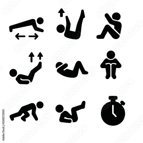 HIIT Ab Exercise Icons. Solid, filled icon set of HIIT ab exercises: plank jacks, toe touches, reverse crunch, leg raise pulses,