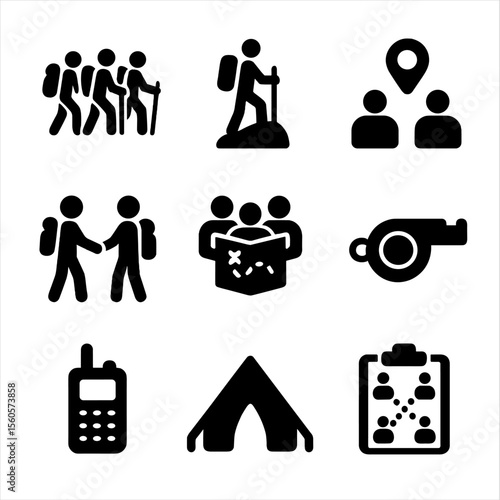 Hiking Essentials Icons. Solid, filled icon set of group hiking basics: hiking group, leader icon, meeting point, buddy system,