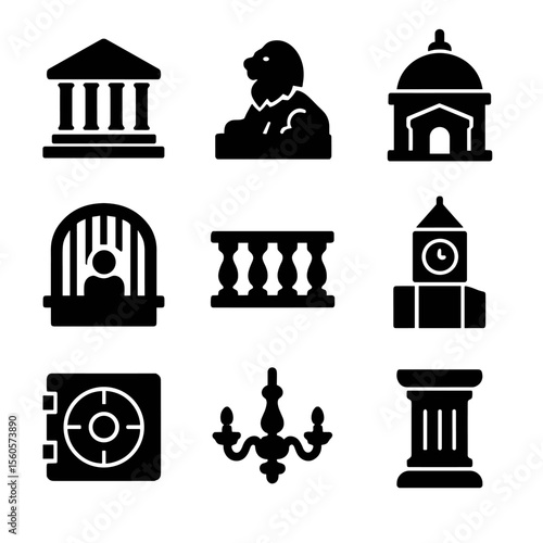 Historic Bank Icons. Solid, filled icon set of historic bank buildings: marble steps, stone lion statue, domed roof, teller cage,