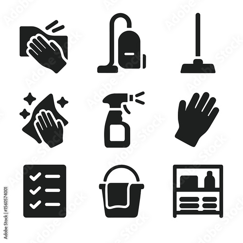 Home Cleaning Icons. Solid, filled icon set of home cleaning habits: wiping surface, vacuum cleaner, mop, dusting cloth, window