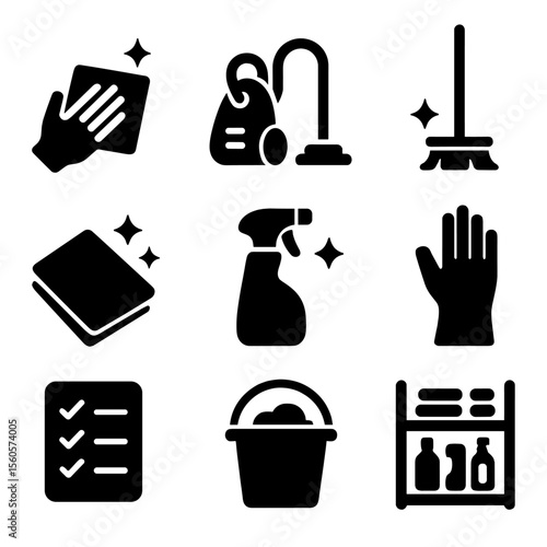 Home Cleaning Icons. Solid, filled icon set of home cleaning habits: wiping surface, vacuum cleaner, mop, dusting cloth, window
