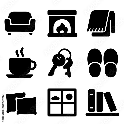 Home Comfort Icons. Solid, filled icon set of home and comfort: couch, fireplace, cozy blanket, cup of tea, house keys, slippers,