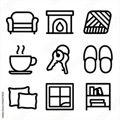 Home Comfort Icons. Solid, filled icon set of home and comfort: couch, fireplace, cozy blanket, cup of tea, house keys, slippers,