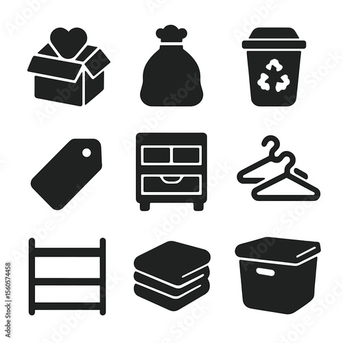 Home Decluttering Icons. Solid, filled icon set of decluttering your home: donation box, trash bag, recycle bin, label tag, drawer