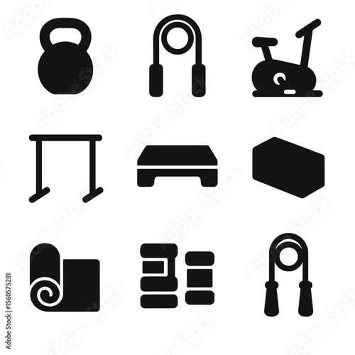 Home Fitness Essentials Icons. Solid, filled icon set of home fitness equipment: kettlebell, jump rope, exercise bike, pull-up bar