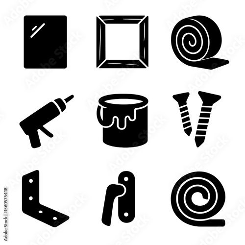 Home Improvement Icons. Solid, filled icon set of materials and supplies: glass sheet, wooden frame, insulation material, sealant