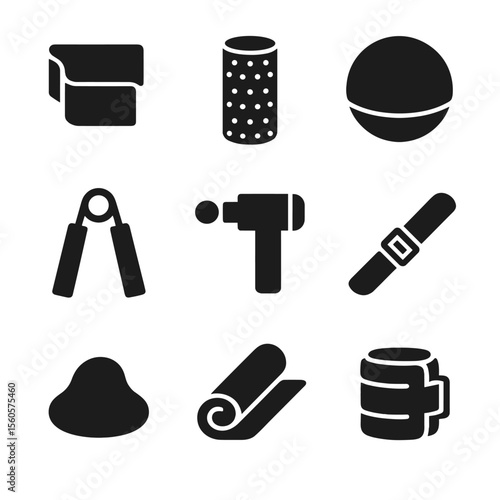 Home Physiotherapy Tools. Solid, filled icon set of home physiotherapy tools: resistance band, foam roller, balance ball, hand