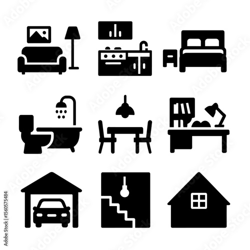 Home Room Icons Grid. Solid, filled icon set of home rooms: living room, kitchen, bedroom, bathroom, dining room, study, garage,